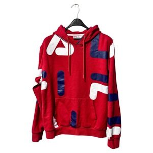 FILA Red All Over Logo Print Hoodie Sweatshirt Large Pullover